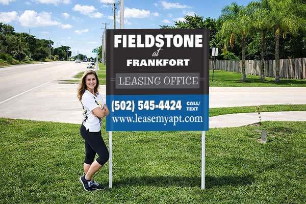 4x4 apartment sign with patented post pockets and metal post kit installed outdoors