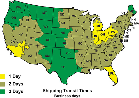 FedEx Ground transit time map for orders shipping from Florida, Ohio, and California